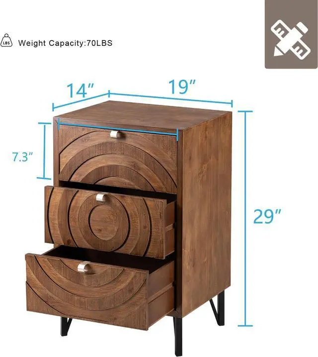 Alt view image 2 of 7 - HOMPUS 3 Drawer End Table, Modern Nightstand with Concentric Circles Pattern, Farmhouse Night Stand with 3 Storage Drawers, Wooden Bedside Table, Nightstand w 3 Drawers for Sunroom, Apartment