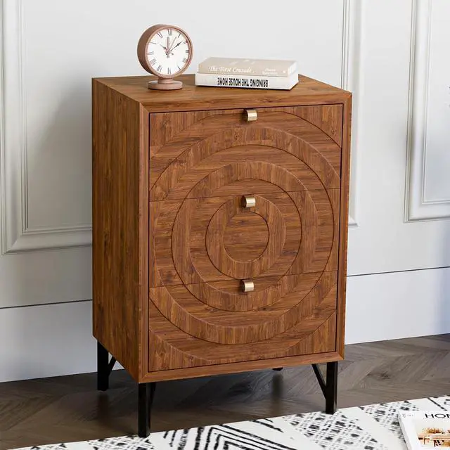Alt view image 3 of 7 - HOMPUS 3 Drawer End Table, Modern Nightstand with Concentric Circles Pattern, Farmhouse Night Stand with 3 Storage Drawers, Wooden Bedside Table, Nightstand w 3 Drawers for Sunroom, Apartment