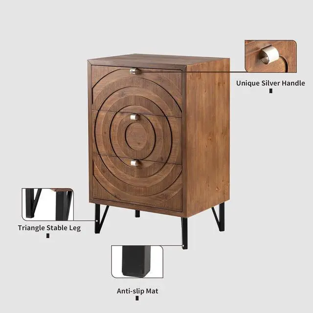 Alt view image 5 of 7 - HOMPUS 3 Drawer End Table, Modern Nightstand with Concentric Circles Pattern, Farmhouse Night Stand with 3 Storage Drawers, Wooden Bedside Table, Nightstand w 3 Drawers for Sunroom, Apartment