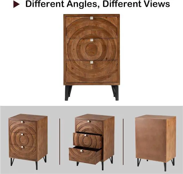 Alt view image 6 of 7 - HOMPUS 3 Drawer End Table, Modern Nightstand with Concentric Circles Pattern, Farmhouse Night Stand with 3 Storage Drawers, Wooden Bedside Table, Nightstand w 3 Drawers for Sunroom, Apartment