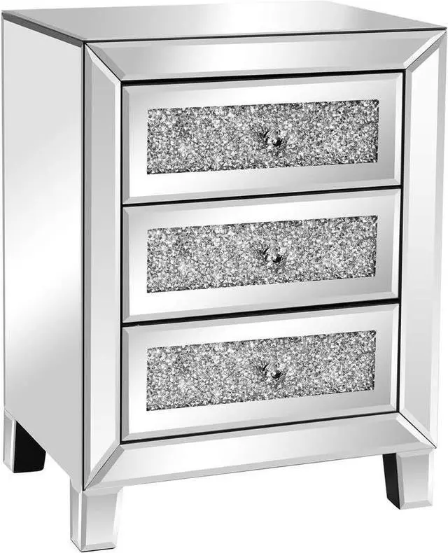 Main image of VINGLI Mirrored Nightstand with 3 Drawers Modern End Table Bed Side Table with Mirrored Finish, 17.72-inch W x 13.78-inch D x 23.62-inch H, Silver