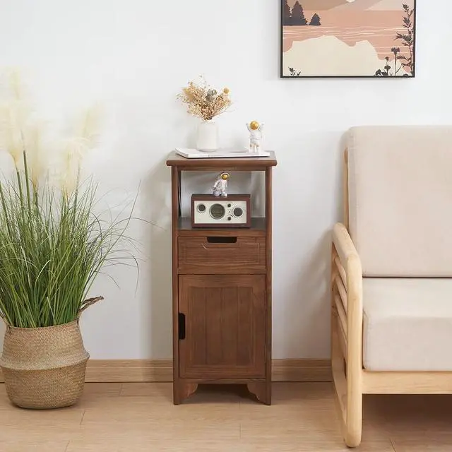 Alt view image 2 of 6 - 30 Inches Tall End Table, Fully Assembled Bathroom Floor Cabinet with Shelf and Storage, No Assembly Nightstand with Drawer for Bedroom-Walnut