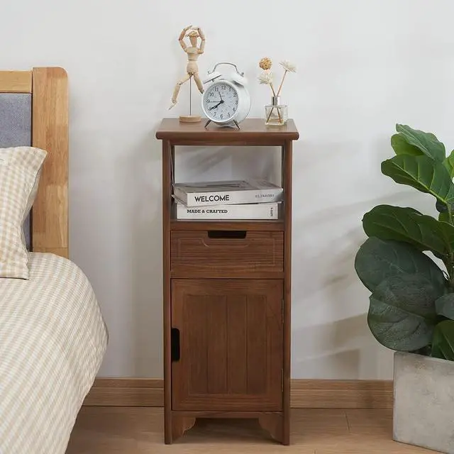 Alt view image 4 of 6 - 30 Inches Tall End Table, Fully Assembled Bathroom Floor Cabinet with Shelf and Storage, No Assembly Nightstand with Drawer for Bedroom-Walnut