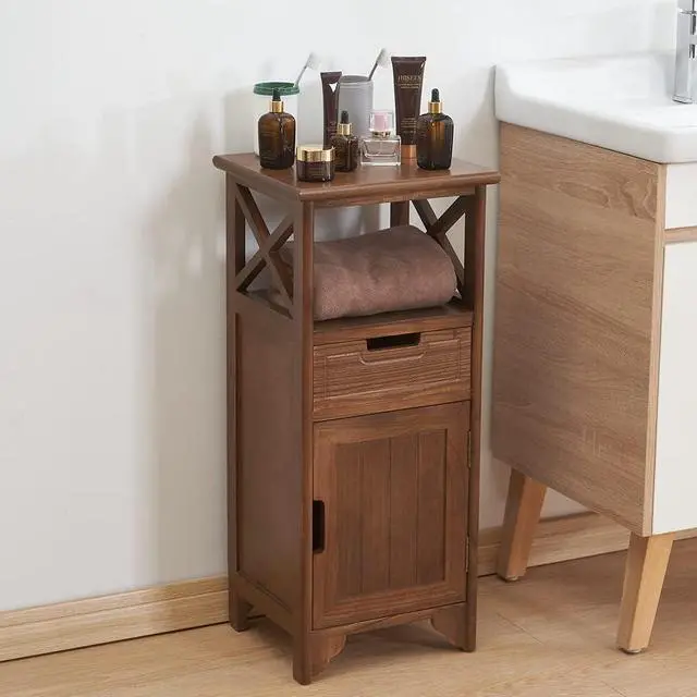 Alt view image 5 of 6 - 30 Inches Tall End Table, Fully Assembled Bathroom Floor Cabinet with Shelf and Storage, No Assembly Nightstand with Drawer for Bedroom-Walnut