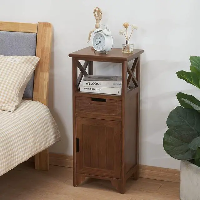 Alt view image 6 of 6 - 30 Inches Tall End Table, Fully Assembled Bathroom Floor Cabinet with Shelf and Storage, No Assembly Nightstand with Drawer for Bedroom-Walnut
