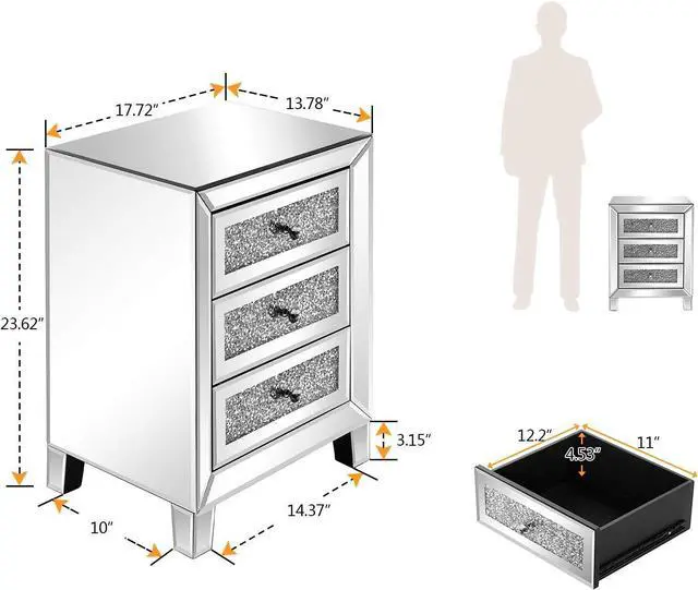 Alt view image 3 of 7 - VINGLI Mirrored Nightstand with 3 Drawers Modern End Table Bed Side Table with Mirrored Finish, 17.72-inch W x 13.78-inch D x 23.62-inch H, Silver