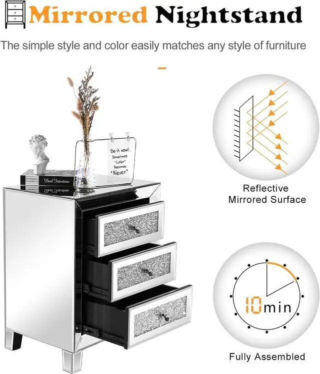 Alt view image 4 of 7 - VINGLI Mirrored Nightstand with 3 Drawers Modern End Table Bed Side Table with Mirrored Finish, 17.72-inch W x 13.78-inch D x 23.62-inch H, Silver