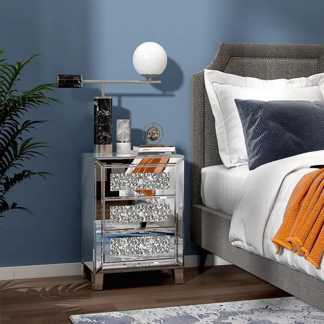 Alt view image 7 of 7 - VINGLI Mirrored Nightstand with 3 Drawers Modern End Table Bed Side Table with Mirrored Finish, 17.72-inch W x 13.78-inch D x 23.62-inch H, Silver