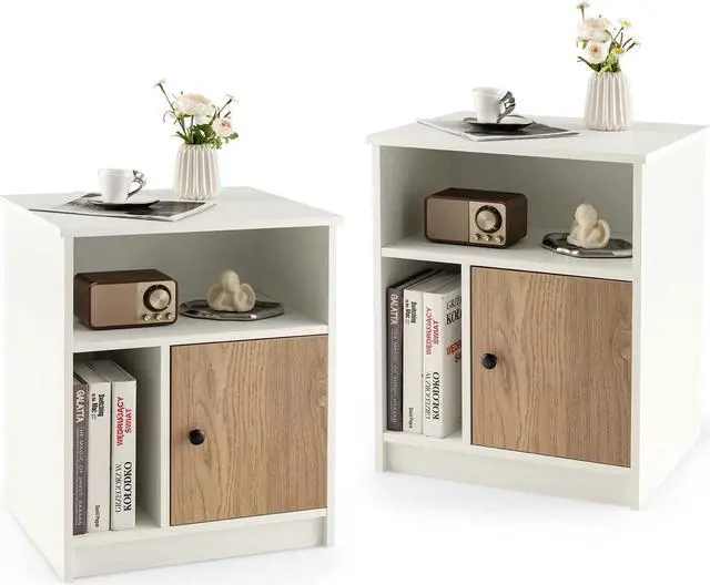 Main image of Giantex White Nightstand Set of 2, 25" Tall End Side Table with 1 Door & 2 Open Shelves, Wood Bedside Table with Cable Management Hole, Modern Night Stand Bedside Cabinet for Bedroom