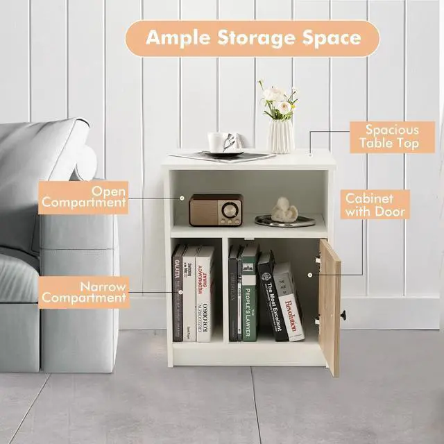 Alt view image 4 of 7 - Giantex White Nightstand Set of 2, 25" Tall End Side Table with 1 Door & 2 Open Shelves, Wood Bedside Table with Cable Management Hole, Modern Night Stand Bedside Cabinet for Bedroom