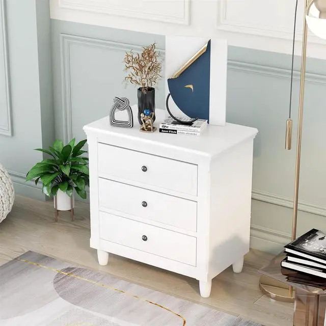 Alt view image 4 of 7 - Bellemave 3-Drawer Nightstand WoodNightstand with 3 Drawer Small Chest of Drawers,Wood Bedside Table Cabinet,Solid Wood Oversized Nightstand for Bedroom, Living Room, Hallway, Dorm.White