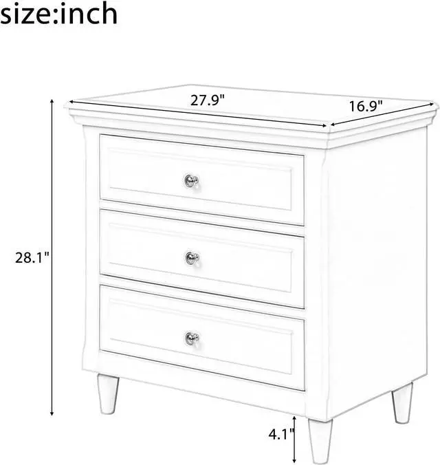 Alt view image 2 of 7 - Bellemave 3-Drawer Nightstand WoodNightstand with 3 Drawer Small Chest of Drawers,Wood Bedside Table Cabinet,Solid Wood Oversized Nightstand for Bedroom, Living Room, Hallway, Dorm.White