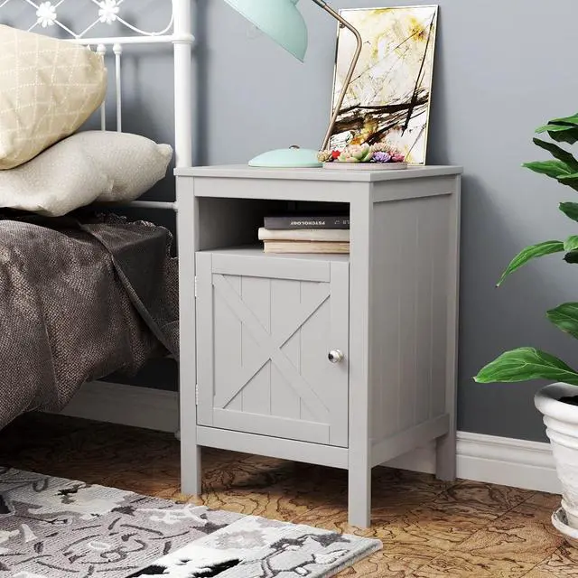 Main image of Grey Finish Nightstand Side End Table with Barn Door Cabinet and Open Shelf 26" H