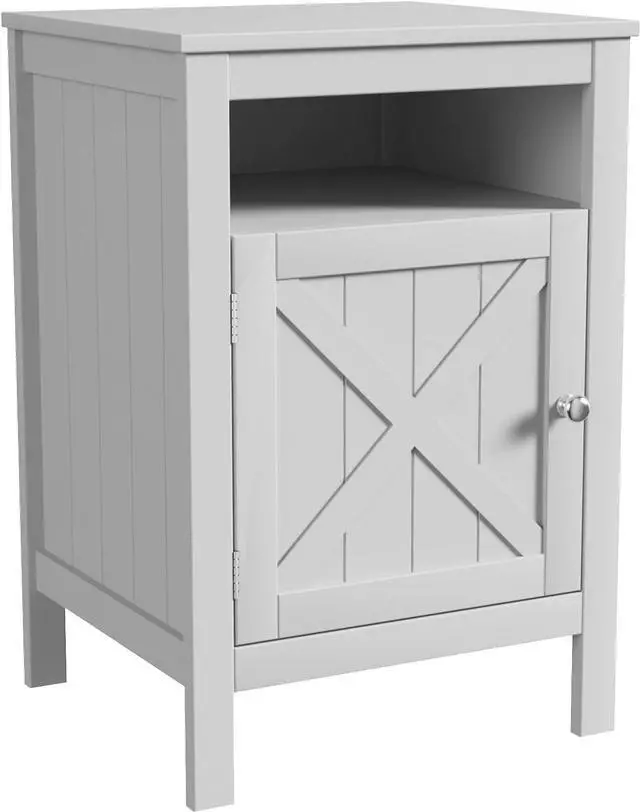 Alt view image 3 of 3 - Grey Finish Nightstand Side End Table with Barn Door Cabinet and Open Shelf 26" H