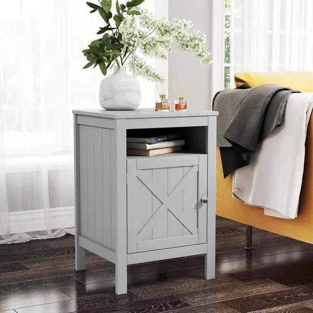 Alt view image 2 of 3 - Grey Finish Nightstand Side End Table with Barn Door Cabinet and Open Shelf 26" H