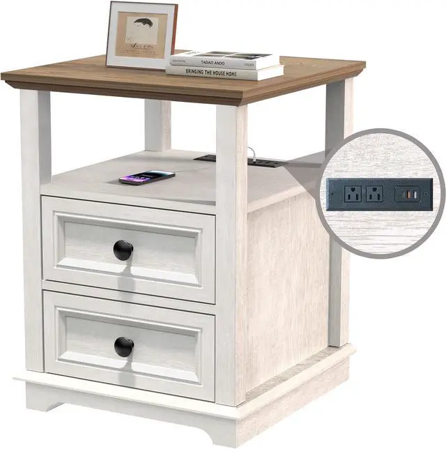 Main image of End Table with Fast USB C Charging Station, 18" Wide Tall Sofa Side Table with 2 Drawers, Large Storage Rustic Wood Square Storage Cabinet for Living Room,Bedroom,Office, White