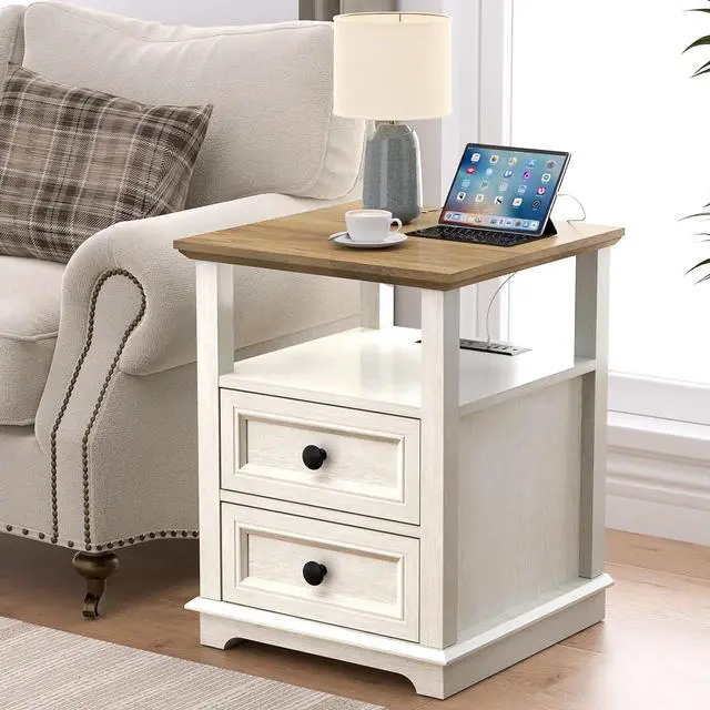 Alt view image 2 of 7 - End Table with Fast USB C Charging Station, 18" Wide Tall Sofa Side Table with 2 Drawers, Large Storage Rustic Wood Square Storage Cabinet for Living Room,Bedroom,Office, White