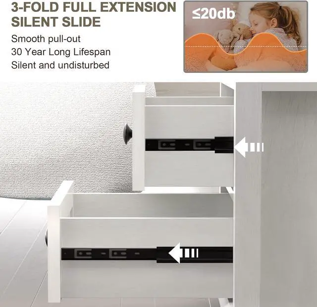 Alt view image 5 of 7 - End Table with Fast USB C Charging Station, 18" Wide Tall Sofa Side Table with 2 Drawers, Large Storage Rustic Wood Square Storage Cabinet for Living Room,Bedroom,Office, White