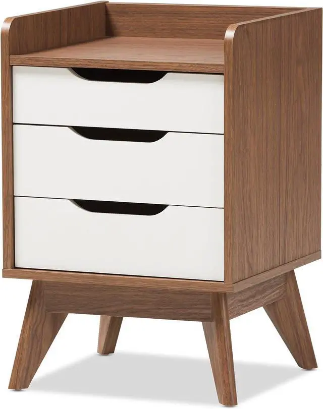 Main image of Baxton Studio Maddy Mid-Century Modern Wood 3-Drawer Storage Nightstand, White/Walnut Brown