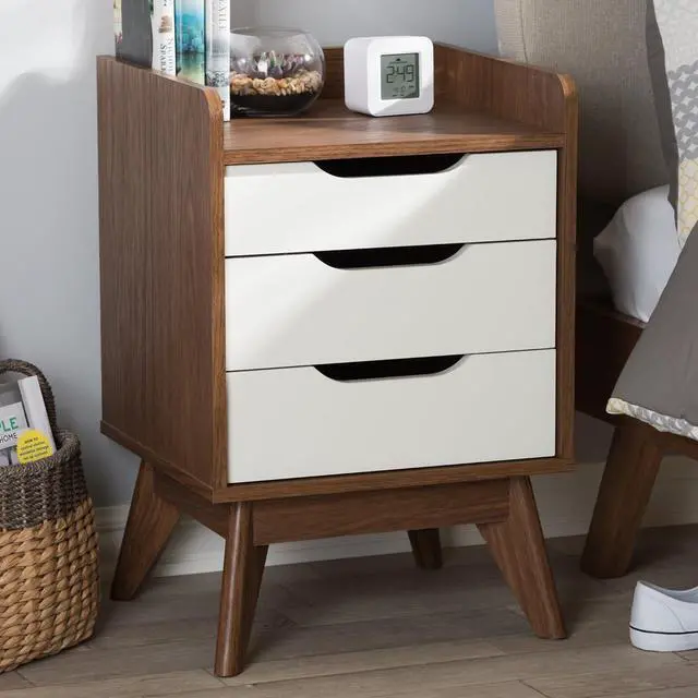 Alt view image 2 of 7 - Baxton Studio Maddy Mid-Century Modern Wood 3-Drawer Storage Nightstand, White/Walnut Brown