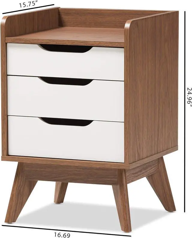 Alt view image 3 of 7 - Baxton Studio Maddy Mid-Century Modern Wood 3-Drawer Storage Nightstand, White/Walnut Brown