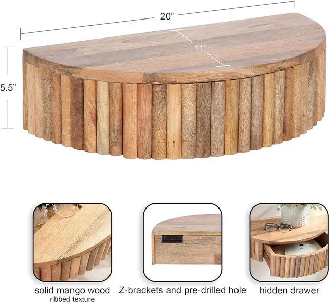 Alt view image 3 of 7 - Kate and Laurel Reid Ribbed Wooden Floating Side Table; 20 x 11 x 6; Natural Brown; Modern Wood Floating Nightstand with Drawer for Extra Storage and Added Functionality