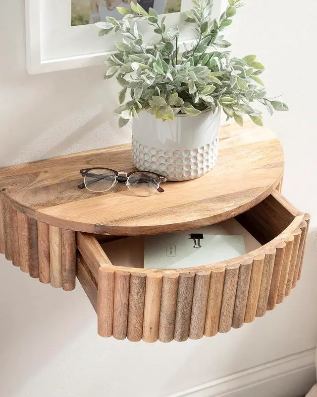 Alt view image 5 of 7 - Kate and Laurel Reid Ribbed Wooden Floating Side Table; 20 x 11 x 6; Natural Brown; Modern Wood Floating Nightstand with Drawer for Extra Storage and Added Functionality
