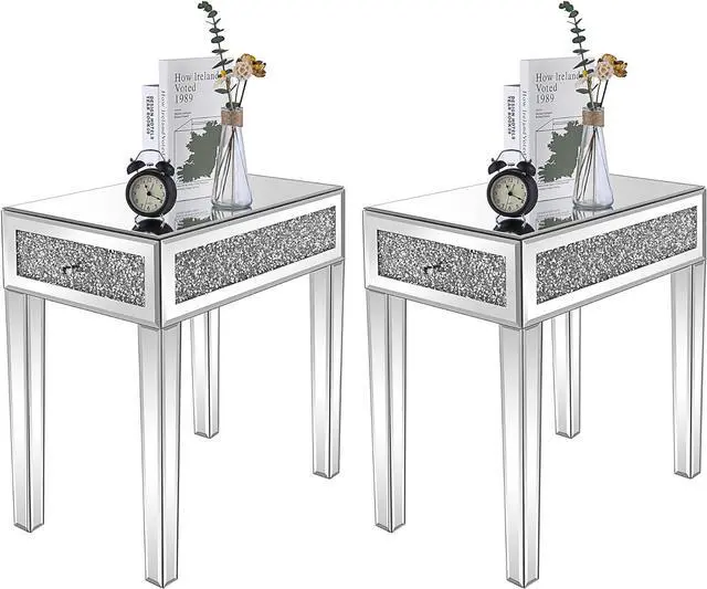 Main image of VINGLI Mirrored Nightstand Set of 2 Narrow Side Table with Drawer Glass Accent Table,Silver