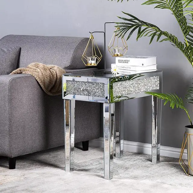 Alt view image 2 of 7 - VINGLI Mirrored Nightstand Set of 2 Narrow Side Table with Drawer Glass Accent Table,Silver