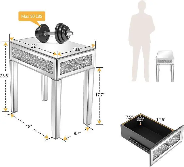 Alt view image 3 of 7 - VINGLI Mirrored Nightstand Set of 2 Narrow Side Table with Drawer Glass Accent Table,Silver