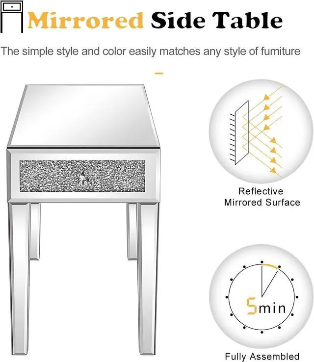 Alt view image 4 of 7 - VINGLI Mirrored Nightstand Set of 2 Narrow Side Table with Drawer Glass Accent Table,Silver