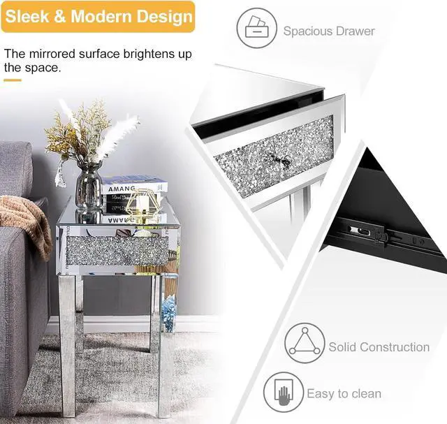 Alt view image 5 of 7 - VINGLI Mirrored Nightstand Set of 2 Narrow Side Table with Drawer Glass Accent Table,Silver