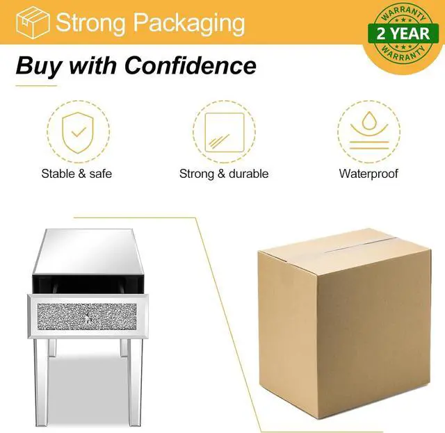 Alt view image 6 of 7 - VINGLI Mirrored Nightstand Set of 2 Narrow Side Table with Drawer Glass Accent Table,Silver