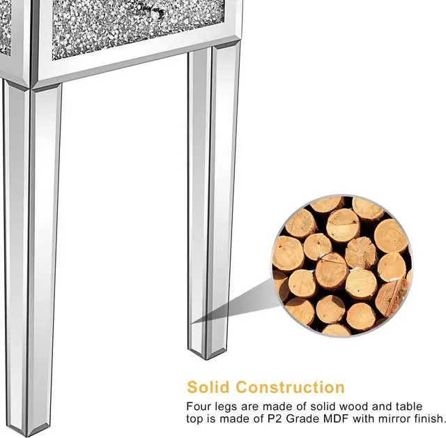 Alt view image 7 of 7 - VINGLI Mirrored Nightstand Set of 2 Narrow Side Table with Drawer Glass Accent Table,Silver