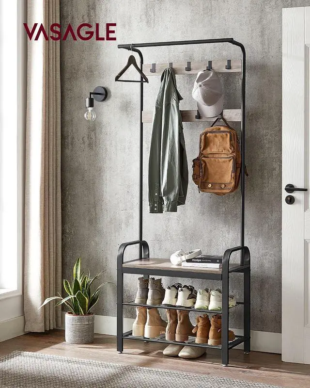 Alt view image 2 of 7 - VASAGLE Coat Rack, Hall Tree with Shoe Bench, 4-in-1, 9 Removable Hooks