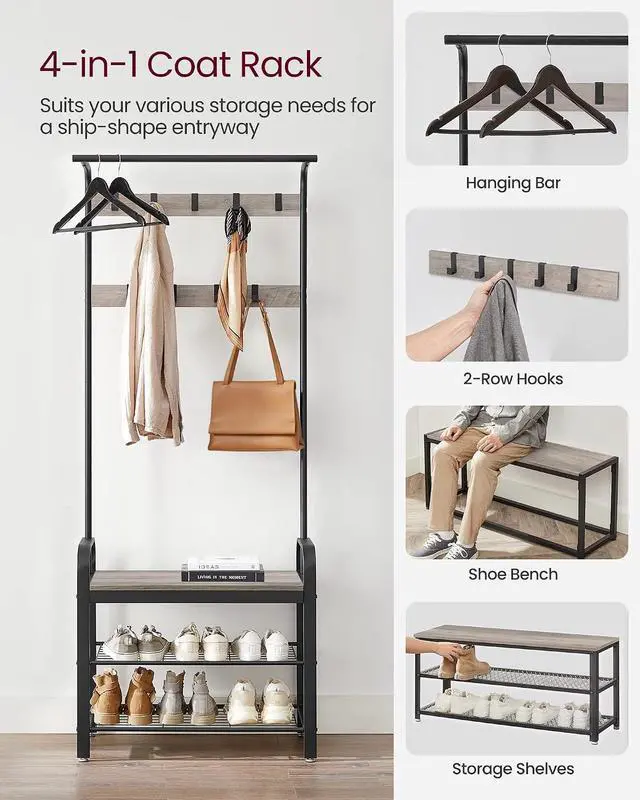 Alt view image 3 of 7 - VASAGLE Coat Rack, Hall Tree with Shoe Bench, 4-in-1, 9 Removable Hooks