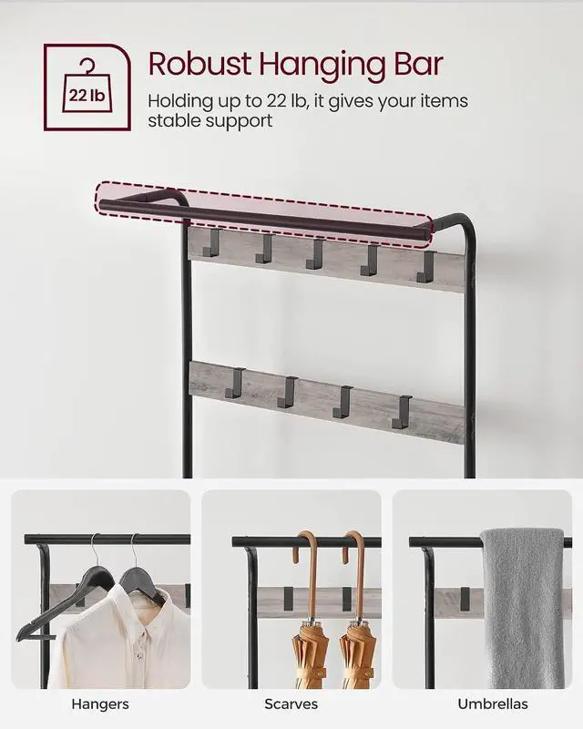 Alt view image 4 of 7 - VASAGLE Coat Rack, Hall Tree with Shoe Bench, 4-in-1, 9 Removable Hooks