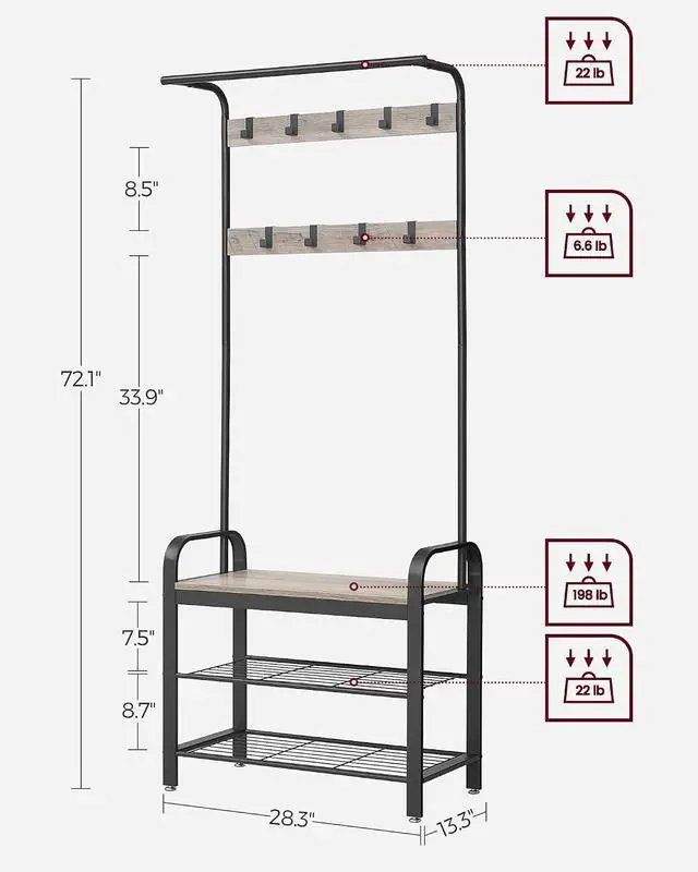 Alt view image 5 of 7 - VASAGLE Coat Rack, Hall Tree with Shoe Bench, 4-in-1, 9 Removable Hooks