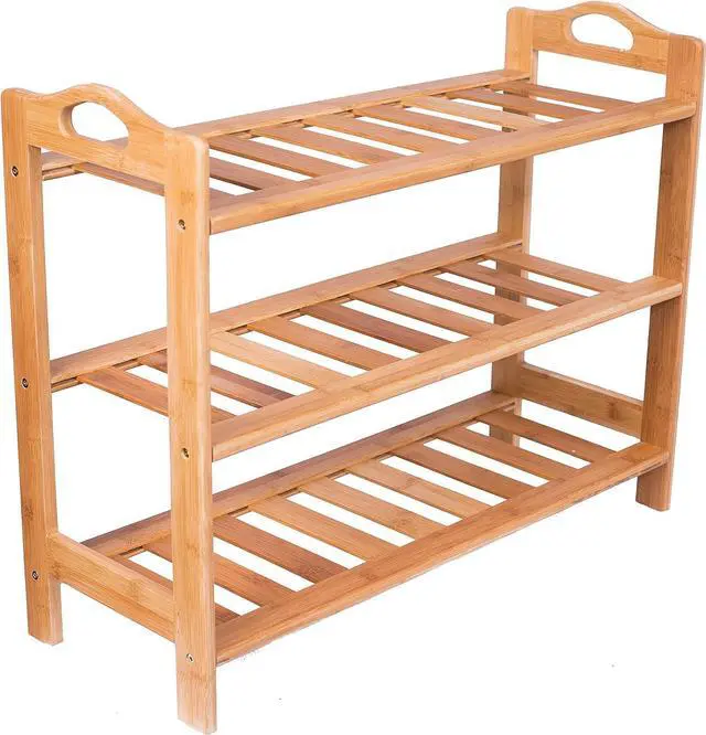 Main image of BIRDROCK HOME 3 Tier Free Standing Shoe Rack with Handles | Bamboo | Wood | Closets and Entryway | Organizer | Fits 9 Pairs of Shoes