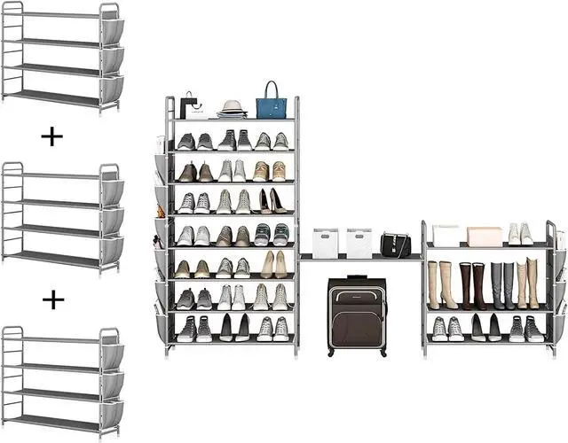 Alt view image 4 of 6 - SUOERNUO 4 Tier Free Standing Metal Shoe Rack With Side Bag - Compact Shoe Organizer for Entryway Closet Bedroom, Grey