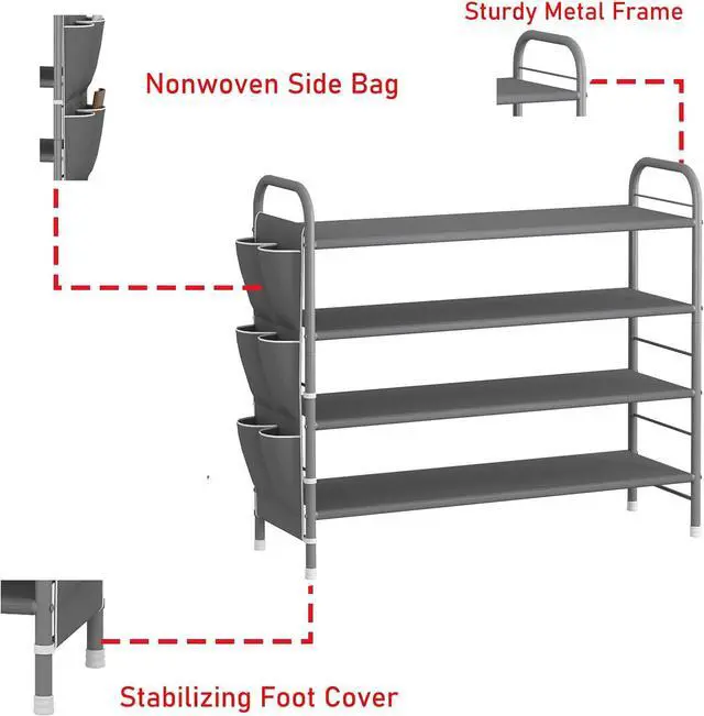 Alt view image 5 of 6 - SUOERNUO 4 Tier Free Standing Metal Shoe Rack With Side Bag - Compact Shoe Organizer for Entryway Closet Bedroom, Grey