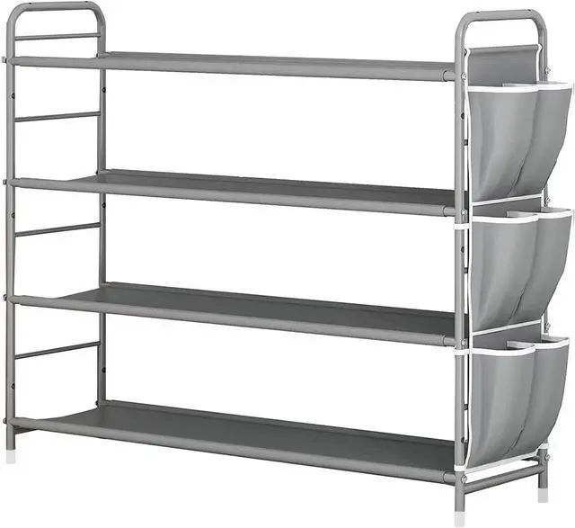 Main image of SUOERNUO 4 Tier Free Standing Metal Shoe Rack With Side Bag - Compact Shoe Organizer for Entryway Closet Bedroom, Grey