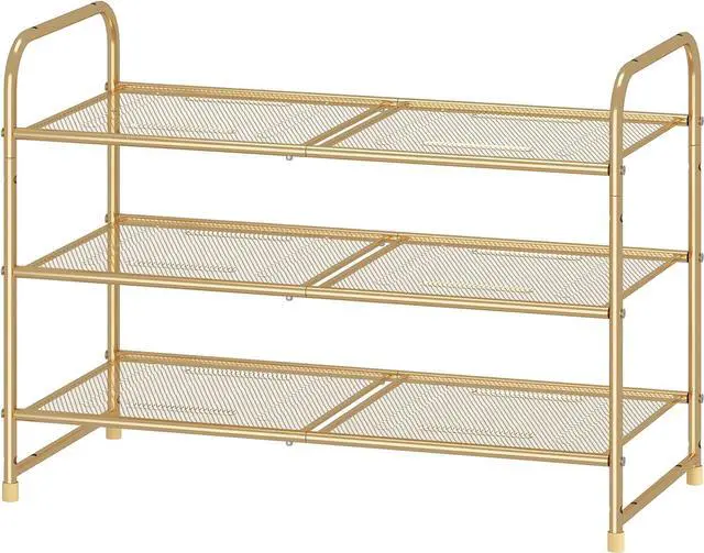 Main image of Simple Trending 3-Tier Stackable Shoe Rack, Expandable & Adjustable Shoe Shelf Storage Organizer, Metal Mesh, Gold