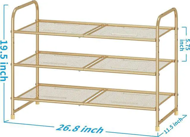 Alt view image 3 of 7 - Simple Trending 3-Tier Stackable Shoe Rack, Expandable & Adjustable Shoe Shelf Storage Organizer, Metal Mesh, Gold