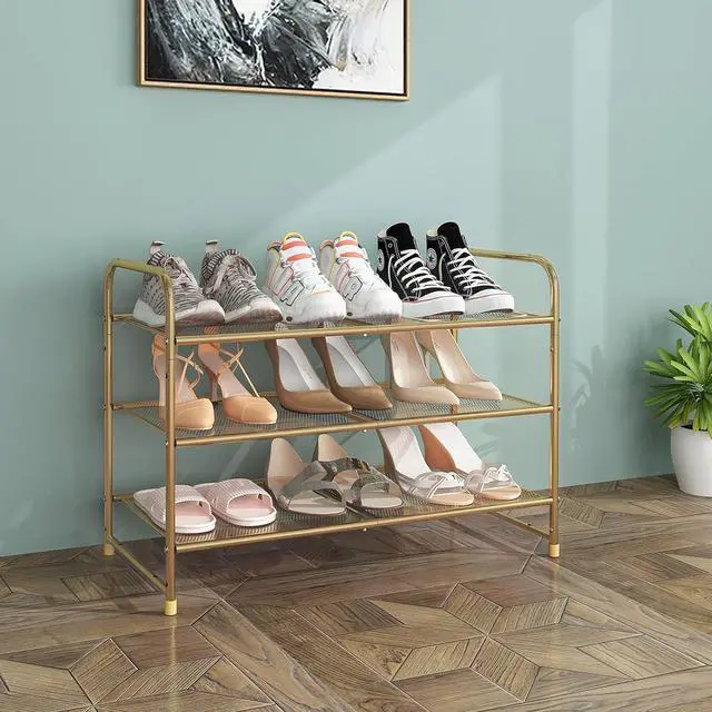 Alt view image 2 of 7 - Simple Trending 3-Tier Stackable Shoe Rack, Expandable & Adjustable Shoe Shelf Storage Organizer, Metal Mesh, Gold