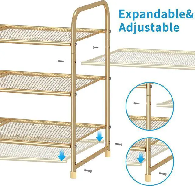 Alt view image 4 of 7 - Simple Trending 3-Tier Stackable Shoe Rack, Expandable & Adjustable Shoe Shelf Storage Organizer, Metal Mesh, Gold