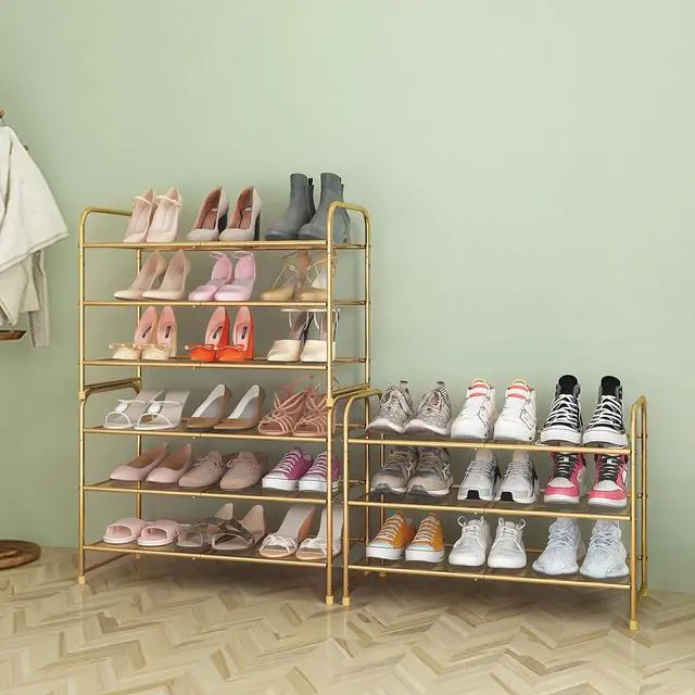 Alt view image 6 of 7 - Simple Trending 3-Tier Stackable Shoe Rack, Expandable & Adjustable Shoe Shelf Storage Organizer, Metal Mesh, Gold