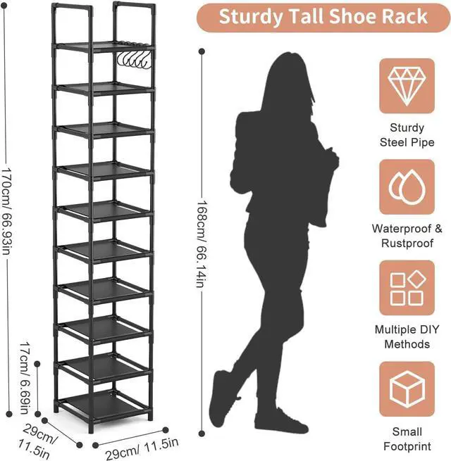 Alt view image 3 of 7 - LANTEFUL Tall Narrow Shoe Rack for Entryway, 10-Tier Sturdy Metal Shoe Shelf Storage 10-15 Pairs of Shoes and Boots, Space Saving Corner Shoe Rack Organizer for Closet,Doorway,Garage,Living Room
