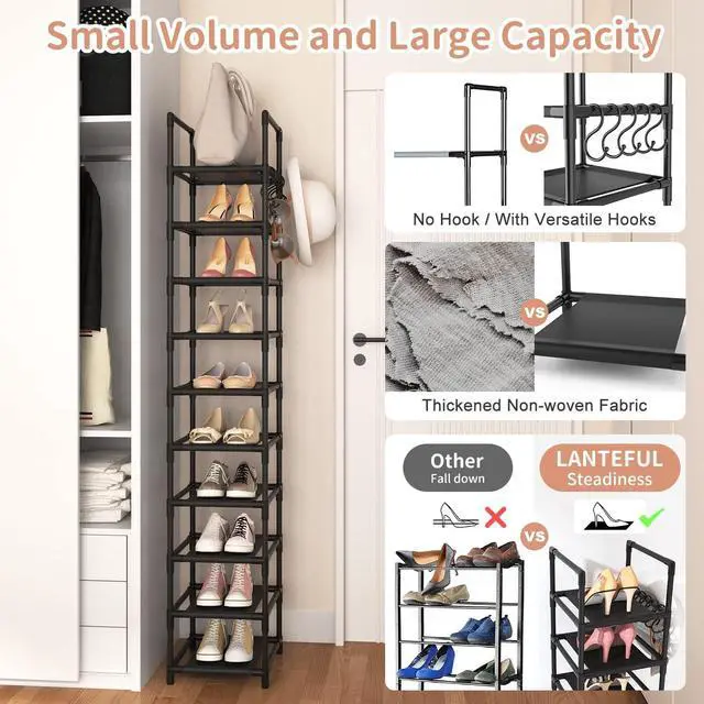 Alt view image 6 of 7 - LANTEFUL Tall Narrow Shoe Rack for Entryway, 10-Tier Sturdy Metal Shoe Shelf Storage 10-15 Pairs of Shoes and Boots, Space Saving Corner Shoe Rack Organizer for Closet,Doorway,Garage,Living Room