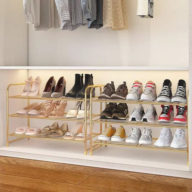 Alt view image 7 of 7 - Simple Trending 3-Tier Stackable Shoe Rack, Expandable & Adjustable Shoe Shelf Storage Organizer, Metal Mesh, Gold